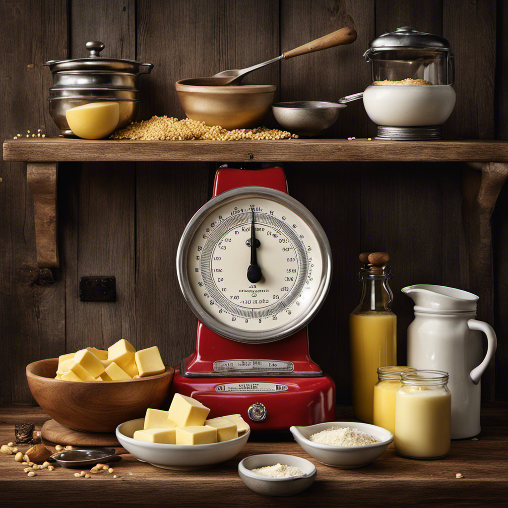 An image showcasing a rustic kitchen scene, featuring a vintage scale with a pound of butter and an array of measuring cups of varying sizes, illustrating the conversion between weight and volume