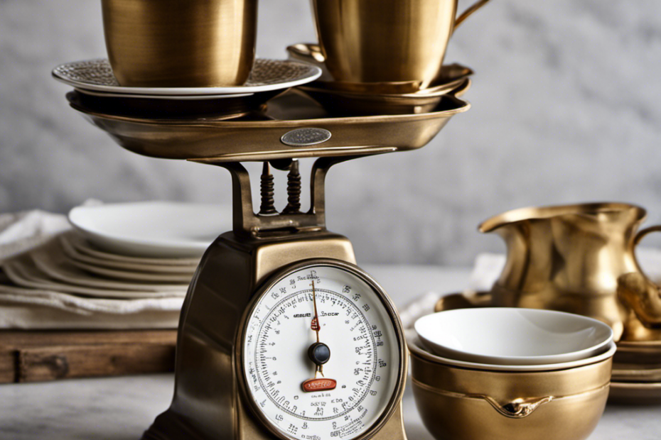An image showcasing a vintage kitchen scale with a bronze butter dish filled with creamy butter, surrounded by a stack of delicate porcelain cups