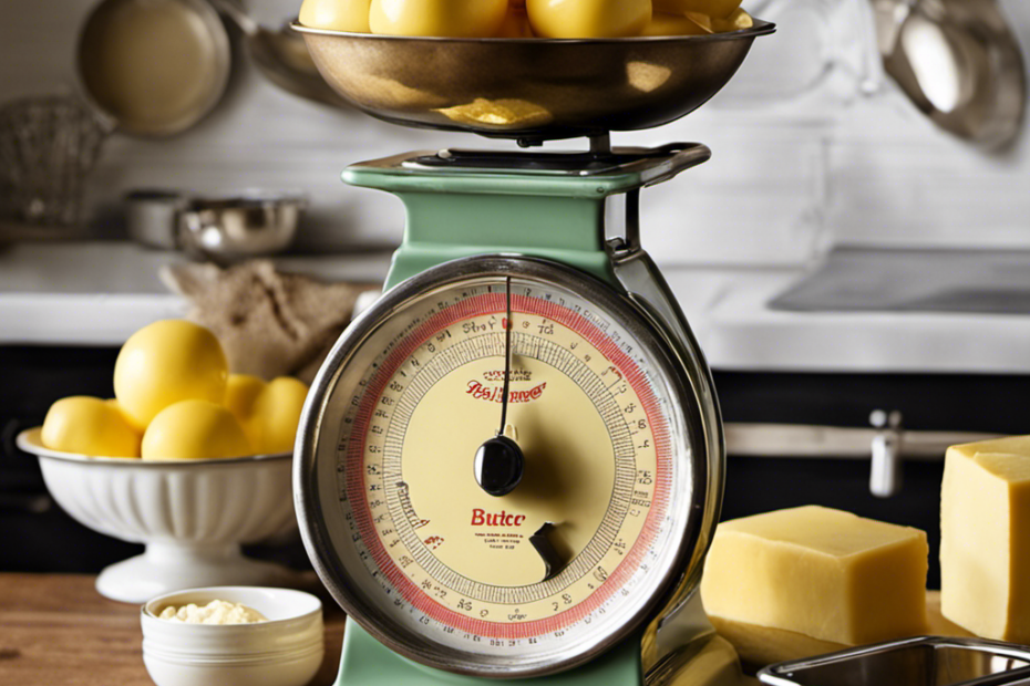 An image showcasing a vintage kitchen scale with a pound of butter placed on one side, and an array of measuring cups filled with different quantities of butter on the other side