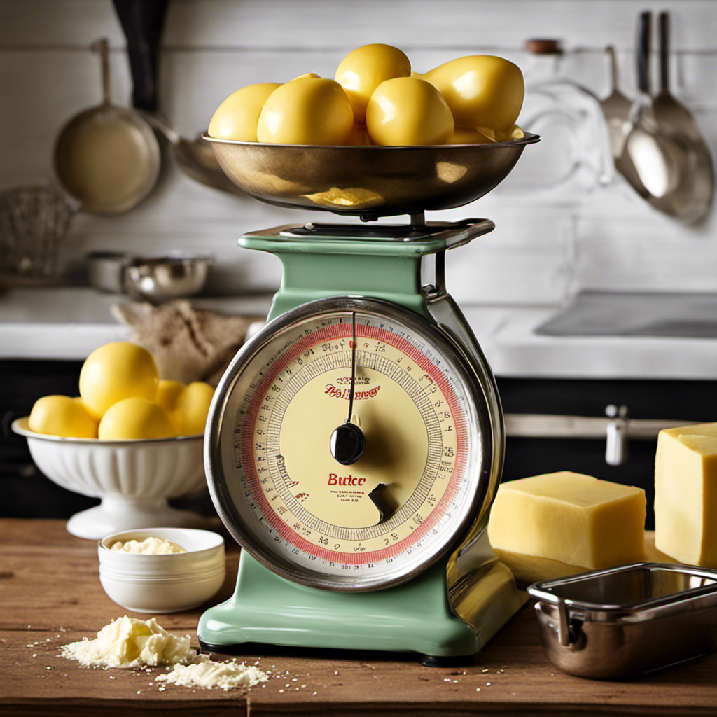 An image showcasing a vintage kitchen scale with a pound of butter placed on one side, and an array of measuring cups filled with different quantities of butter on the other side