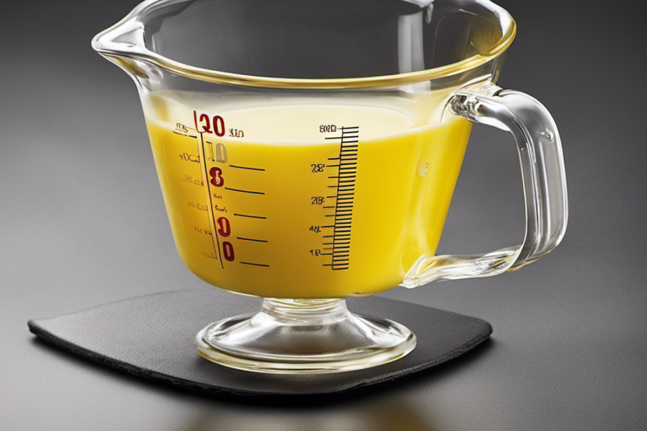 An image depicting a clear glass measuring cup filled with precisely 10 tablespoons of melted butter, showcasing the accurate measurement and helping readers visualize the conversion of tablespoons to cups
