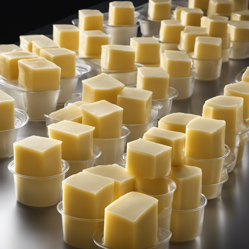 An image showcasing a pile of precisely measured 100 grams of butter, neatly molded into transparent cups of equal size, revealing the accurate quantity without using any text or words
