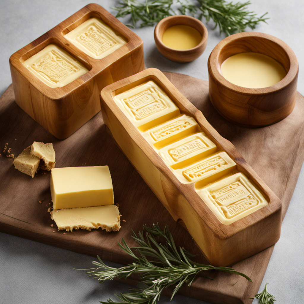 An image showcasing three sticks of butter, each represented by a traditional wooden butter mold