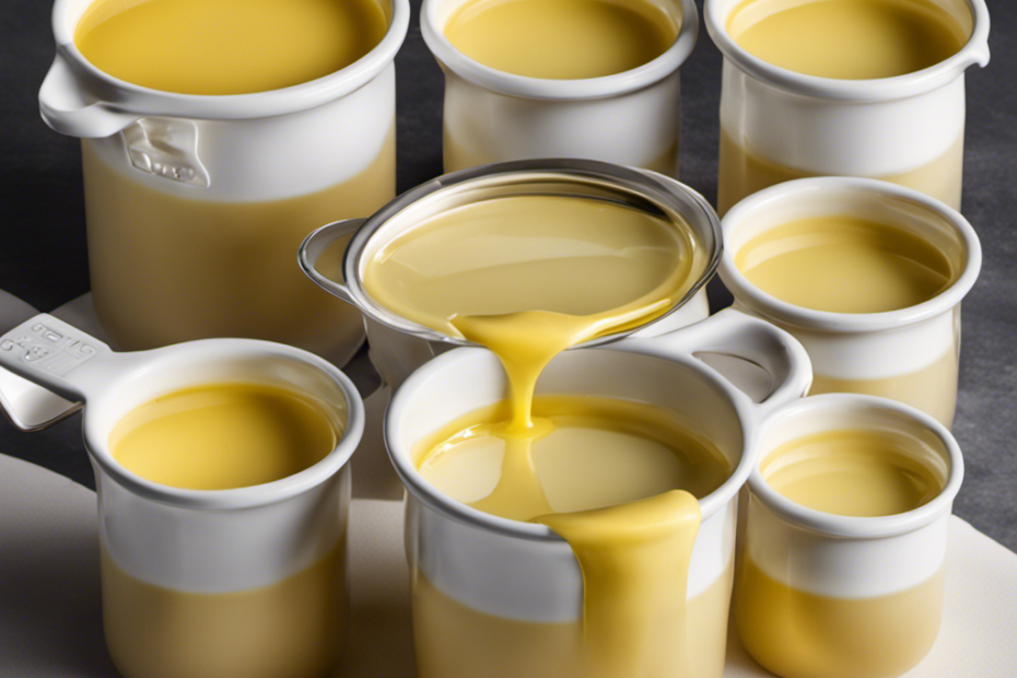 An image showcasing a measuring cup filled with 4 ounces of melted butter, surrounded by four empty cups of various sizes, visually demonstrating the conversion from ounces to cups