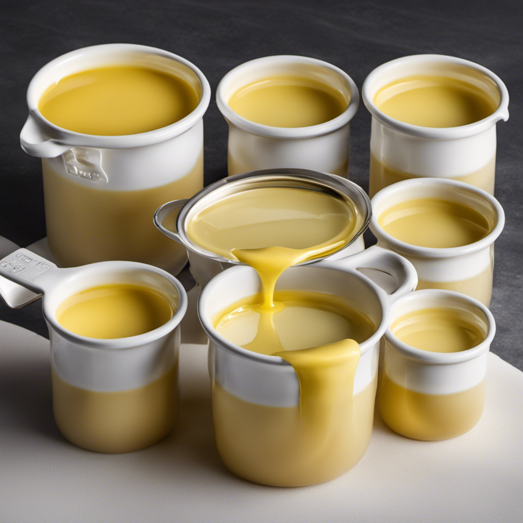 An image showcasing a measuring cup filled with 4 ounces of melted butter, surrounded by four empty cups of various sizes, visually demonstrating the conversion from ounces to cups