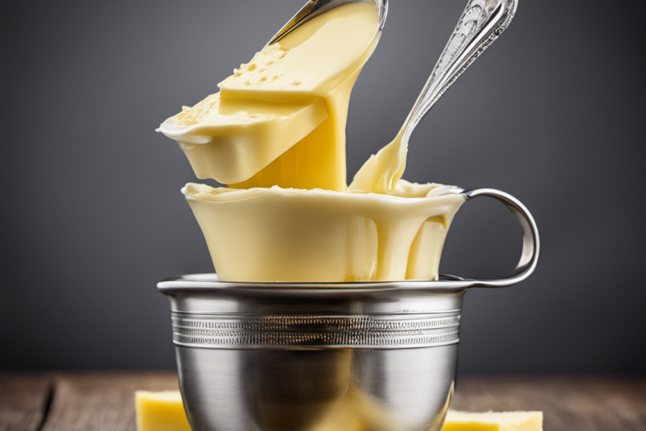An image showcasing 6 tablespoons of butter being measured and poured into a measuring cup, clearly illustrating the conversion to cups