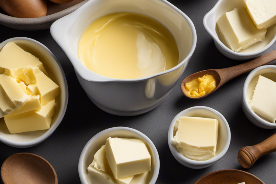 An image showcasing a measuring cup filled with 6 tablespoons of butter, alongside four standard-sized cups filled with an equal amount of butter