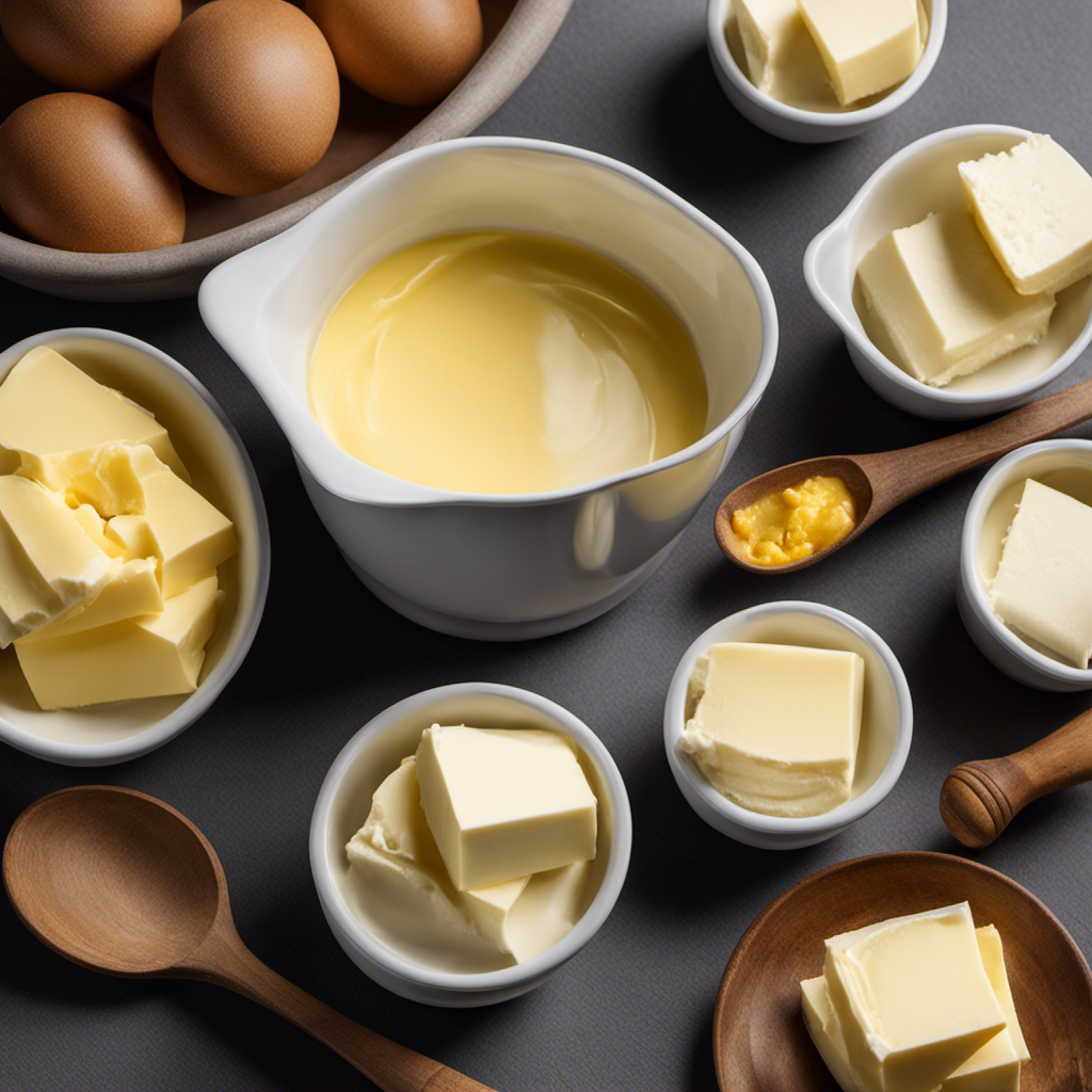 An image showcasing a measuring cup filled with 6 tablespoons of butter, alongside four standard-sized cups filled with an equal amount of butter