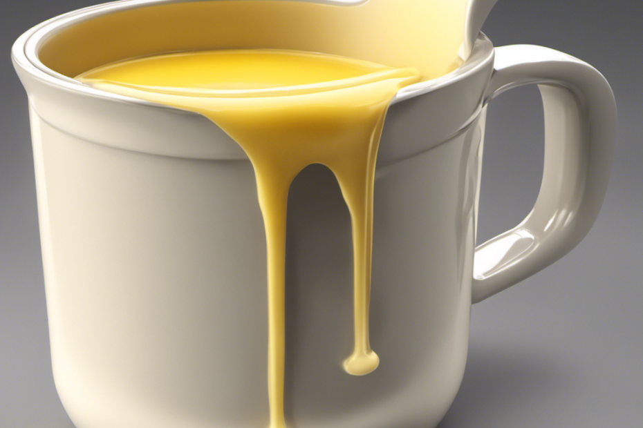 An image showcasing a measuring cup filled with 8 ounces (227 grams) of melted butter, beautifully capturing its creamy texture and golden hue, inviting readers to explore the topic of converting butter measurements