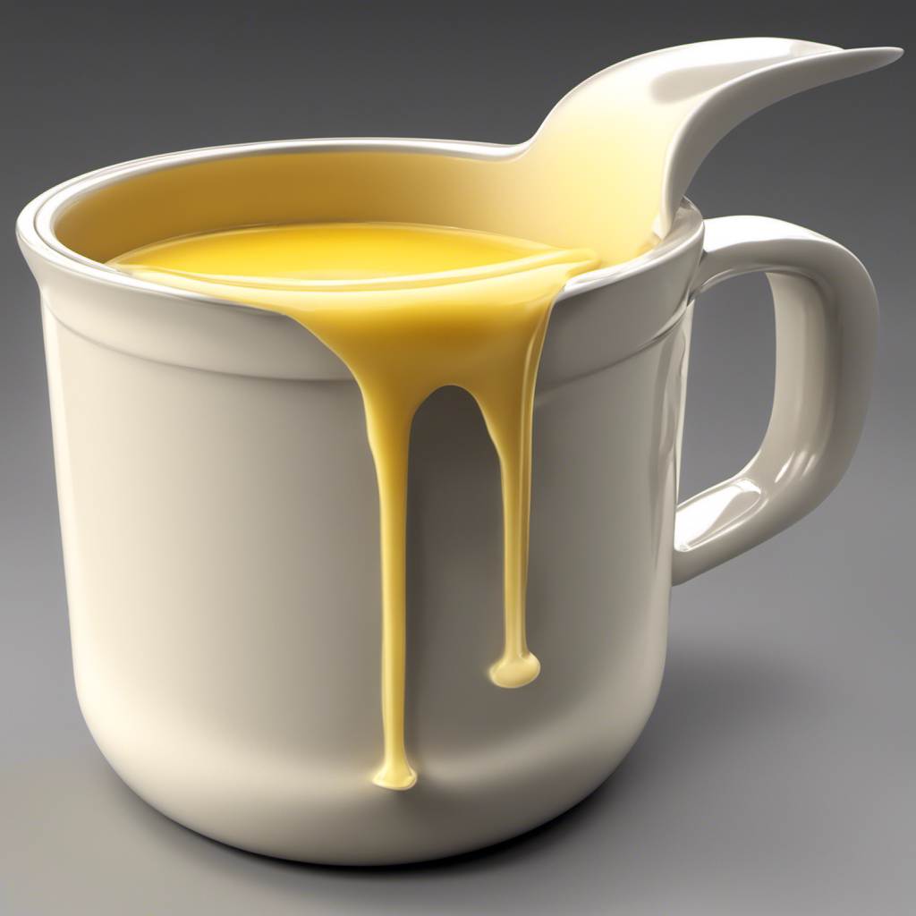 An image showcasing a measuring cup filled with 8 ounces (227 grams) of melted butter, beautifully capturing its creamy texture and golden hue, inviting readers to explore the topic of converting butter measurements