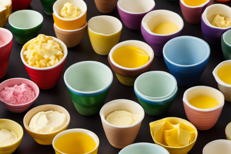 An image showcasing a colorful array of measuring cups, each one filled with varying amounts of creamy butter, perfectly illustrating the conversion of a pound of butter into cups