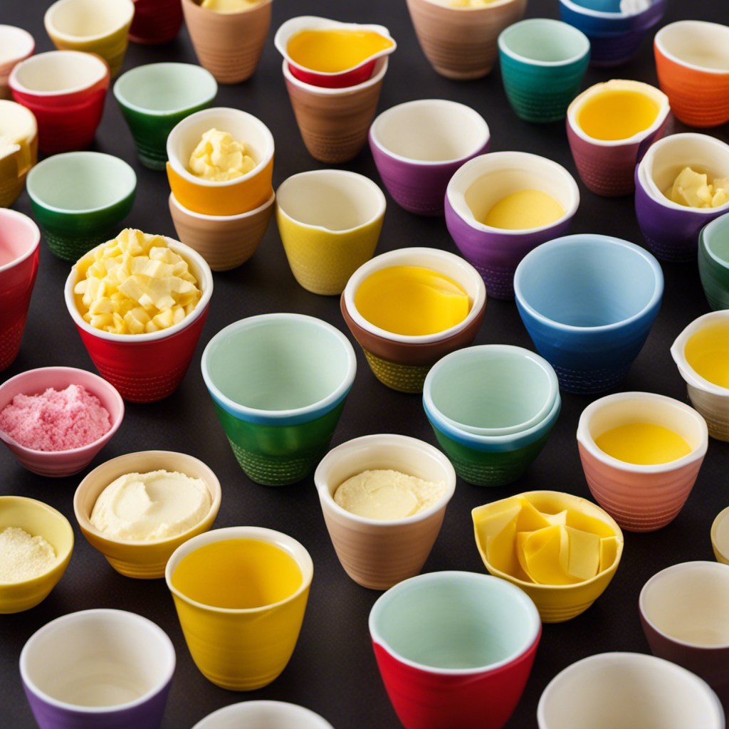 An image showcasing a colorful array of measuring cups, each one filled with varying amounts of creamy butter, perfectly illustrating the conversion of a pound of butter into cups