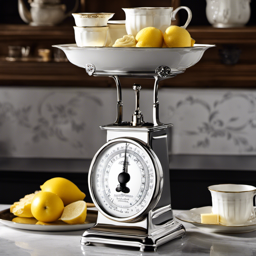 An image of a sleek, silver kitchen scale displaying a precisely measured pound of butter
