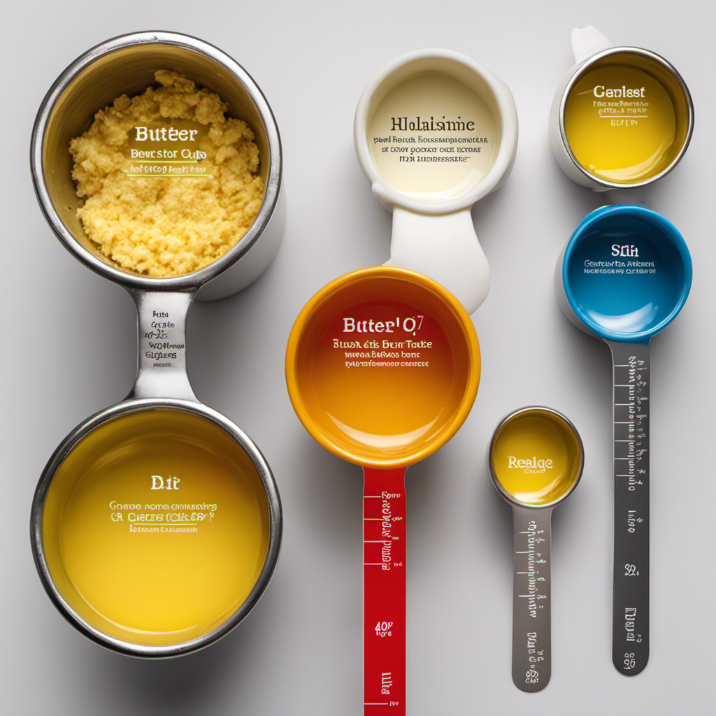 An image showcasing a variety of measuring cups, with one stick of butter placed beside them