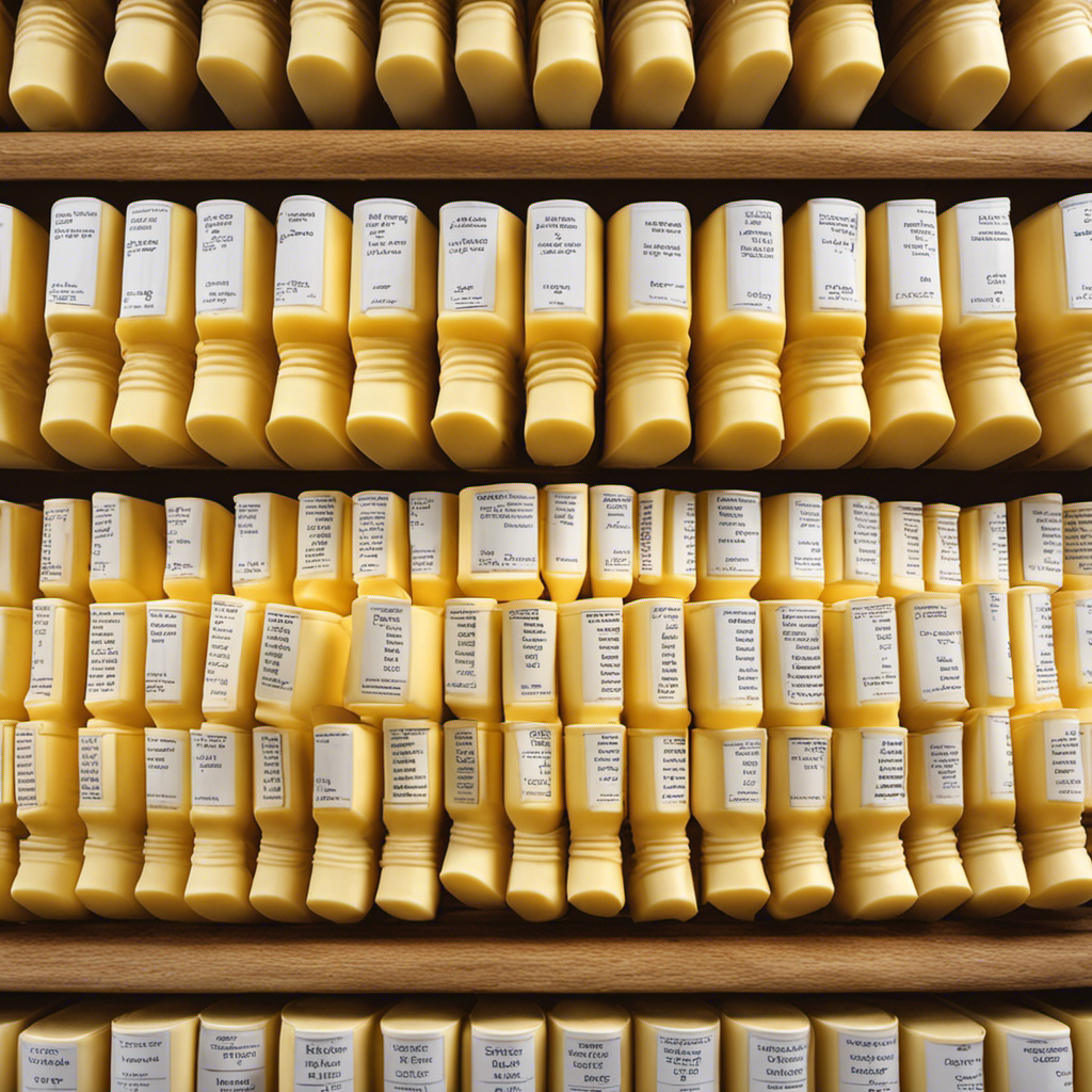 An image showcasing a stack of butter sticks, each labeled with the equivalent number of cups it represents