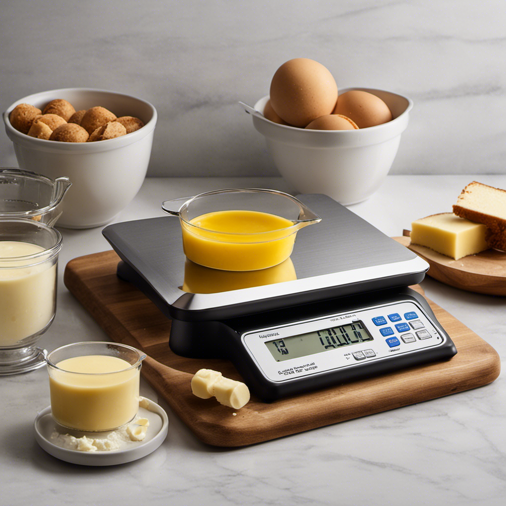 An image showcasing a digital scale with a stick of butter precisely weighed, accompanied by measuring cups ranging from 1/4 to 1 cup, highlighting the importance of precise butter measurements in baking