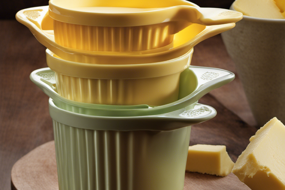 An image showcasing a stack of four standard measuring cups, each filled with 1/2 cup of butter