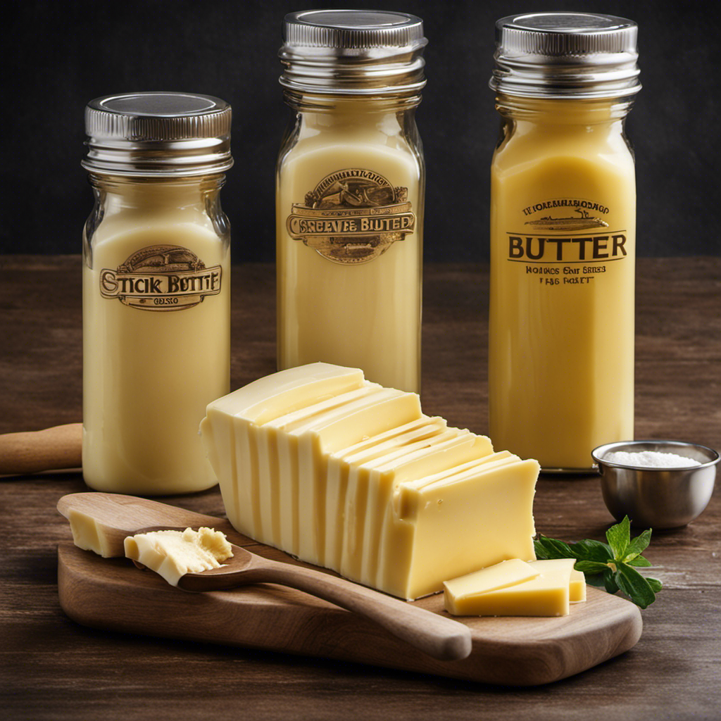 An image showcasing a stick of butter alongside various measuring cups, clearly demonstrating the conversion of butter measurements