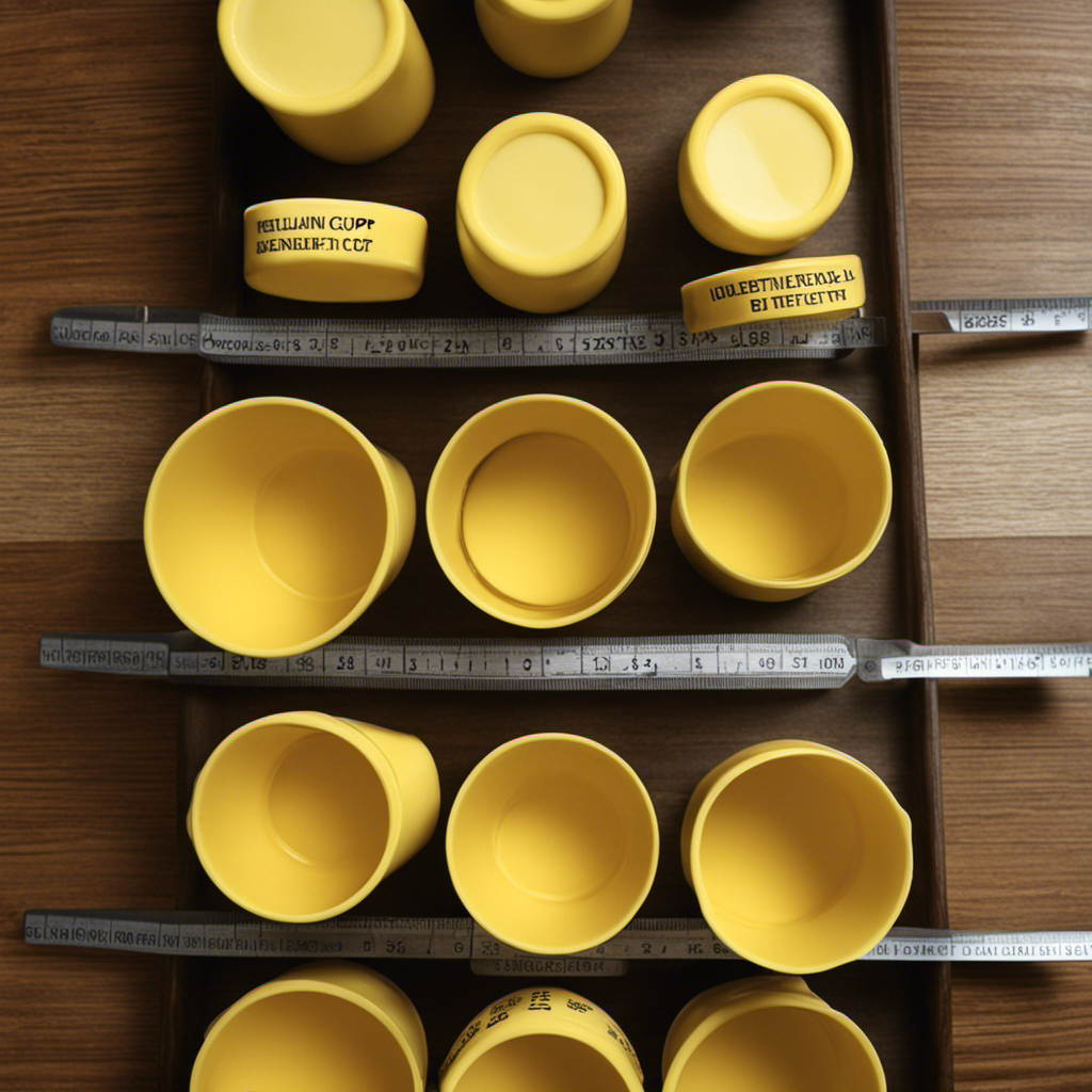 An image showcasing a stack of 8 identical measuring cups, each filled with butter up to their corresponding measurement lines (1/8, 1/4, 1/3, 1/2, 2/3, 3/4, 7/8, and 1 cup) to visually illustrate how many cups are equivalent to one stick of butter