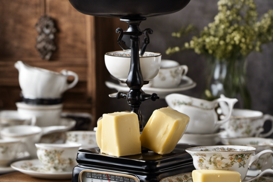 An image showcasing a vintage kitchen scale with a pound of butter, surrounded by a stack of delicate porcelain teacups, each filled with melted butter, symbolizing the conversion of weight to volume