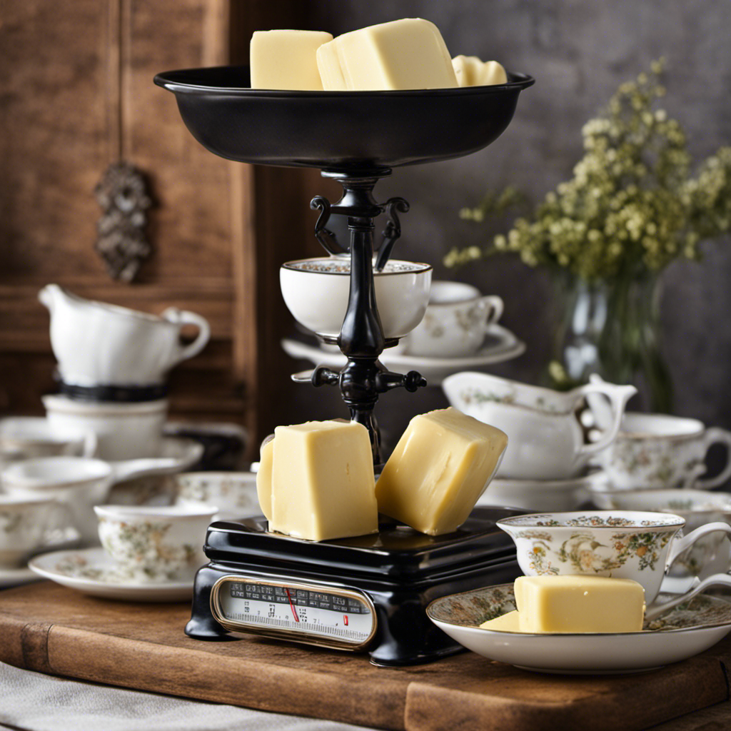 An image showcasing a vintage kitchen scale with a pound of butter, surrounded by a stack of delicate porcelain teacups, each filled with melted butter, symbolizing the conversion of weight to volume