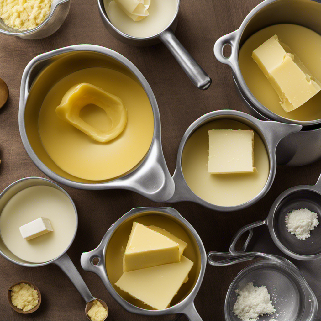 An image showcasing various measuring cups, each filled with an assortment of butter quantities, to visually demonstrate the conversion process from pounds to cups