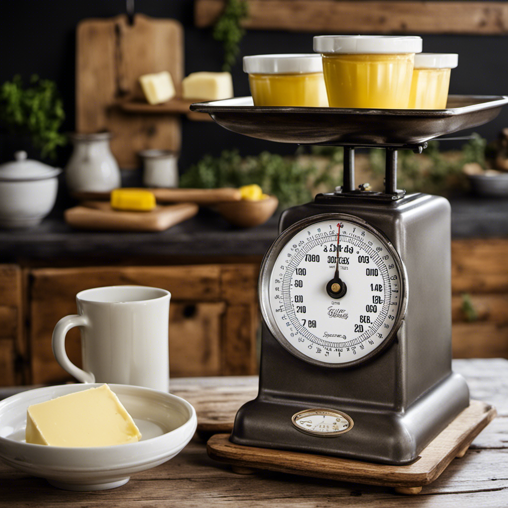 An image showcasing a rustic kitchen scale with a pound of butter on one side and a stack of cups on the other, demonstrating the equivalence between pounds and cups of butter