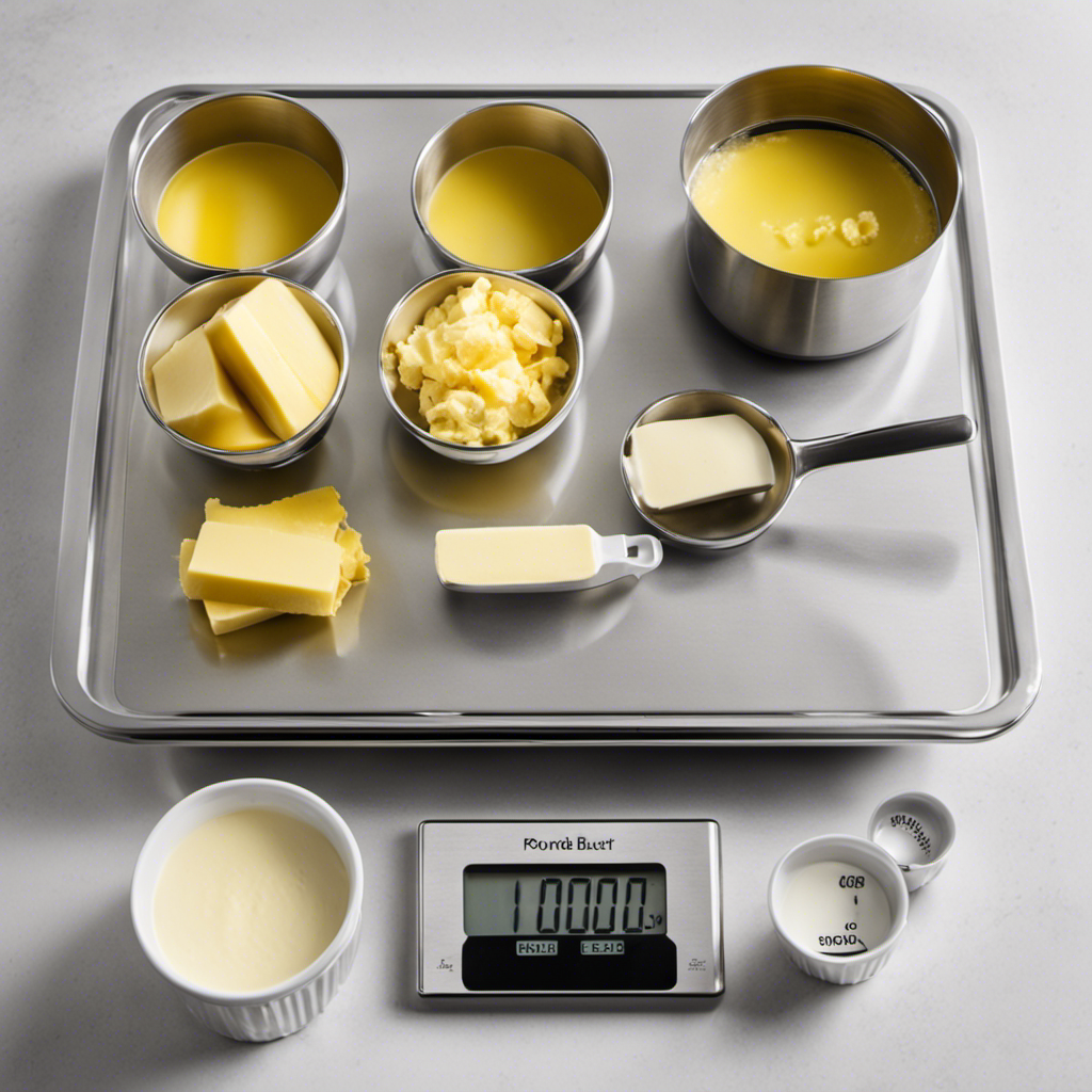 An image showcasing a digital kitchen scale with a pound of butter on one side, while several identical measuring cups are neatly arranged on the other side, representing the various cup measurements needed to measure a pound of butter accurately