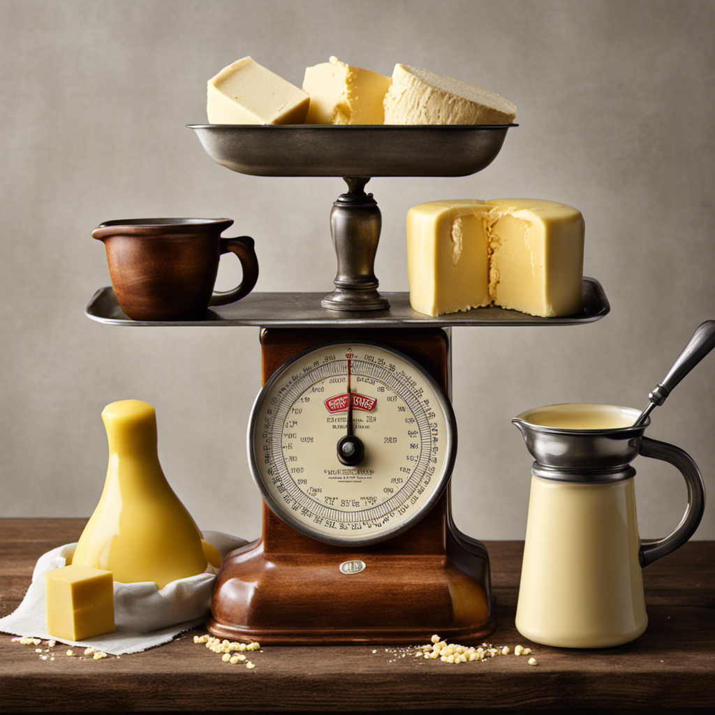 An image showcasing a vintage scale with a pound of butter on one side, while a collection of measuring cups overflows with butter on the other side