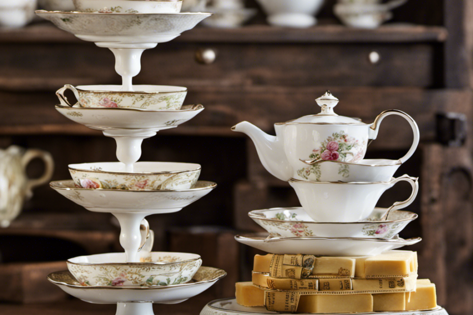An image showcasing a vintage kitchen scale with a pound of butter on one side, while on the other side, a neat stack of delicate, porcelain teacups gradually fills up to visually represent the conversion of cups to pounds