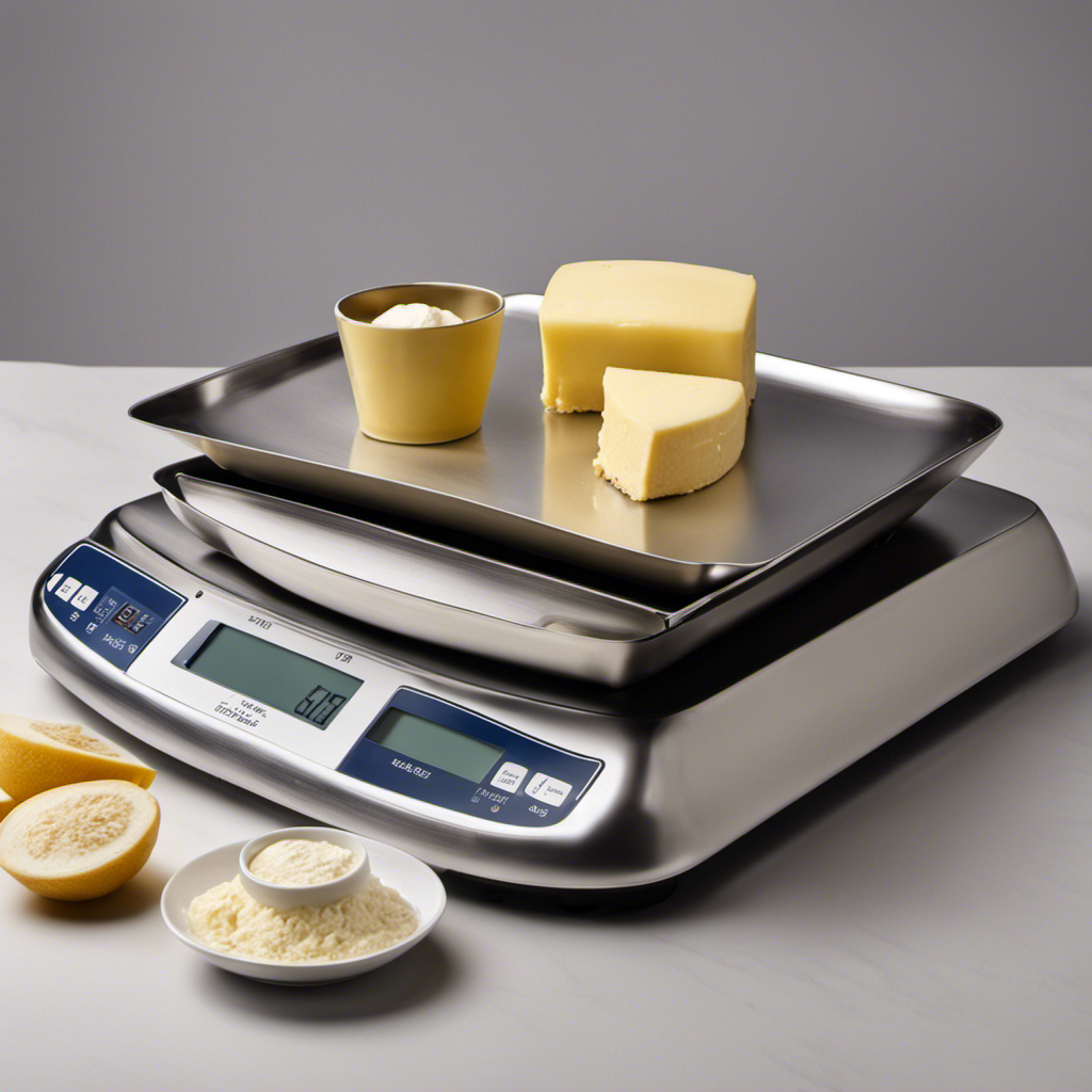 An image showcasing a set of kitchen scales with a pound of butter on one side, and an arrangement of empty cups on the other side, highlighting the significance of understanding measurements in baking