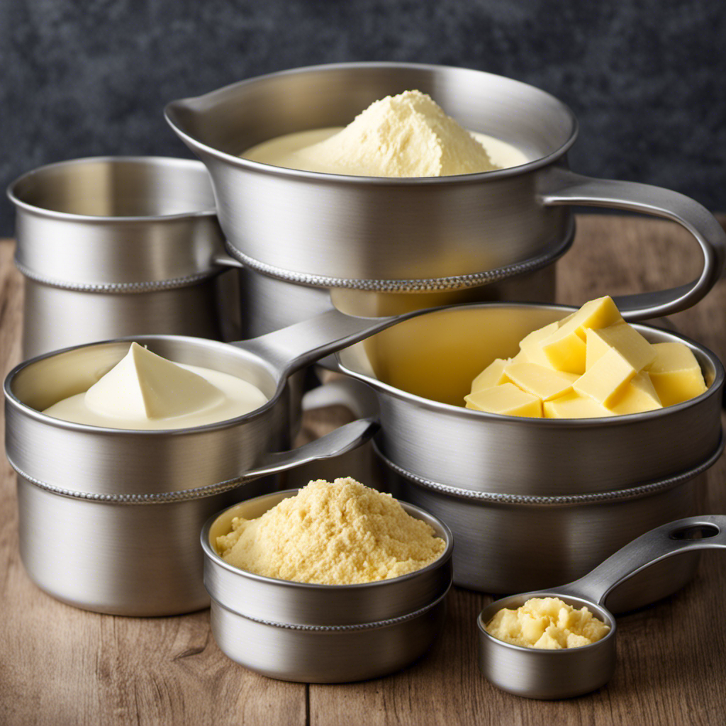 An image showcasing various measuring cups filled with butter, ranging from a single cup to four cups, illustrating the different amounts required in baking recipes