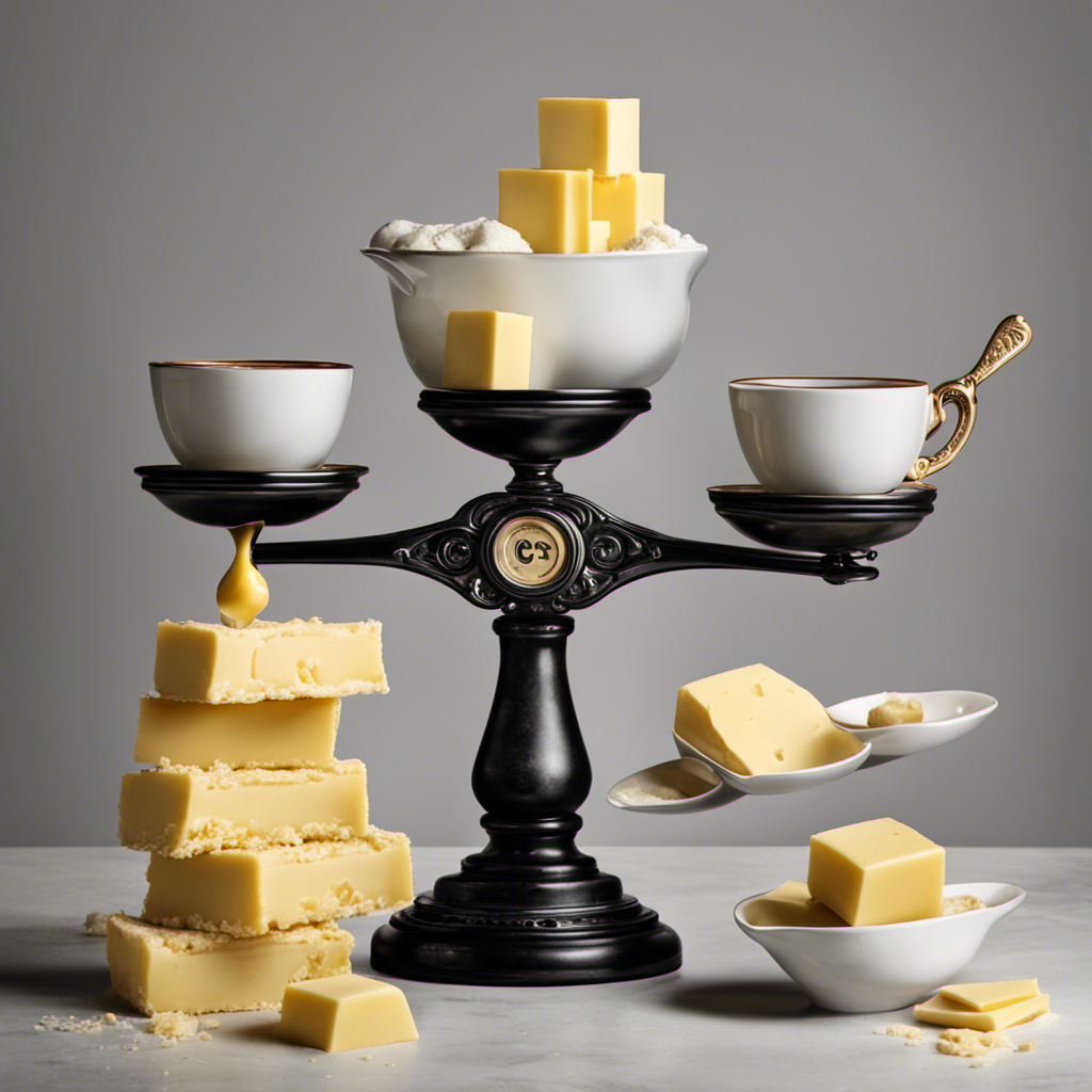 An image depicting a balanced scale with a pound symbol on one side and multiple cups of butter on the other side, emphasizing the conversion ratio between them