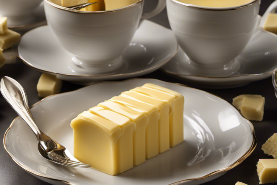 An image showcasing a simple, elegant kitchen scene with a stick of butter placed next to an array of identical cups, gradually filling up to depict the measure of one stick of butter