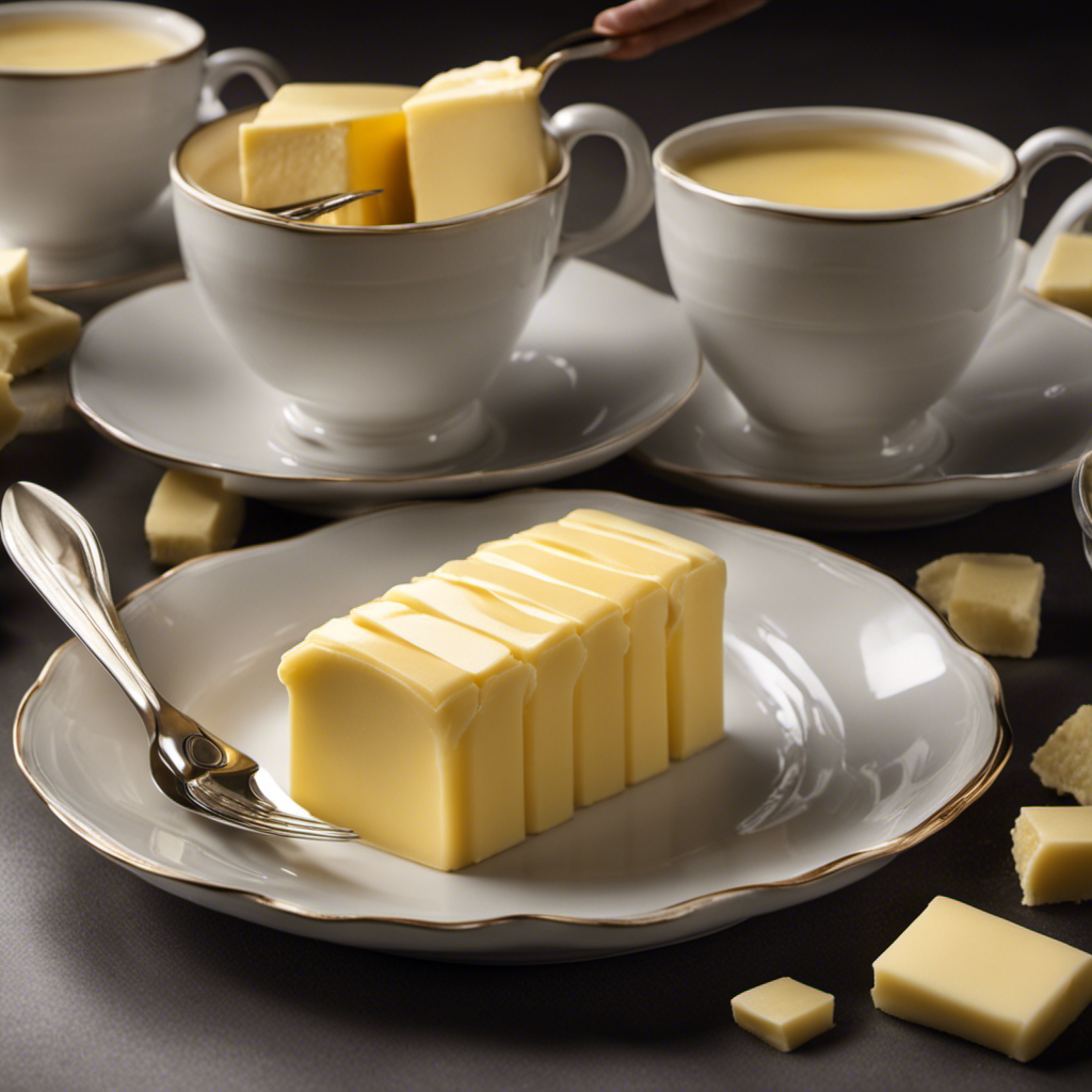 An image showcasing a simple, elegant kitchen scene with a stick of butter placed next to an array of identical cups, gradually filling up to depict the measure of one stick of butter