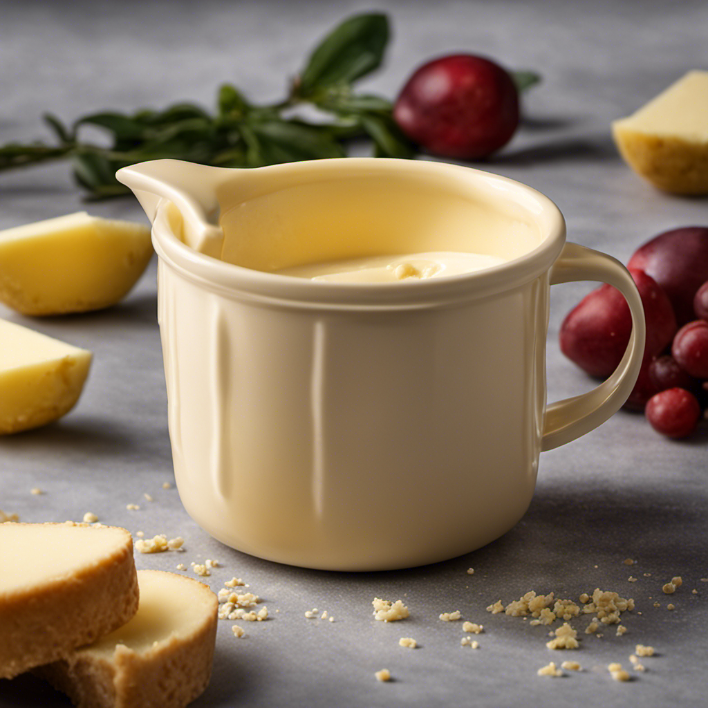 An image showcasing a measuring cup filled with precisely measured 1/2 cup of luscious, creamy butter, beautifully capturing its golden hue, smooth texture, and the precise measurement markings on the cup