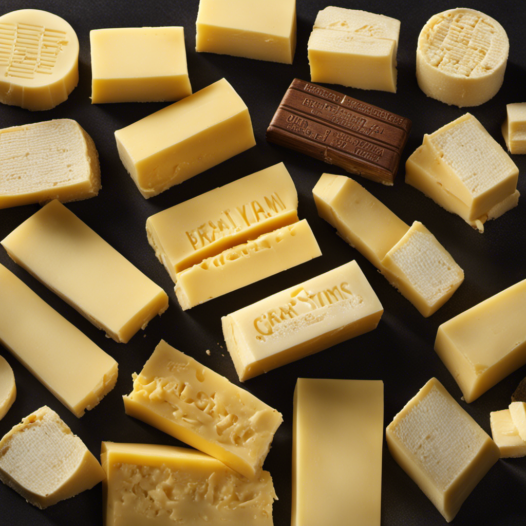 An image showcasing a beautifully photographed stick of butter, sliced into precise sections, with each section clearly labeled to depict the exact weight in grams, perfectly illustrating "How Many Grams in One Stick of Butter