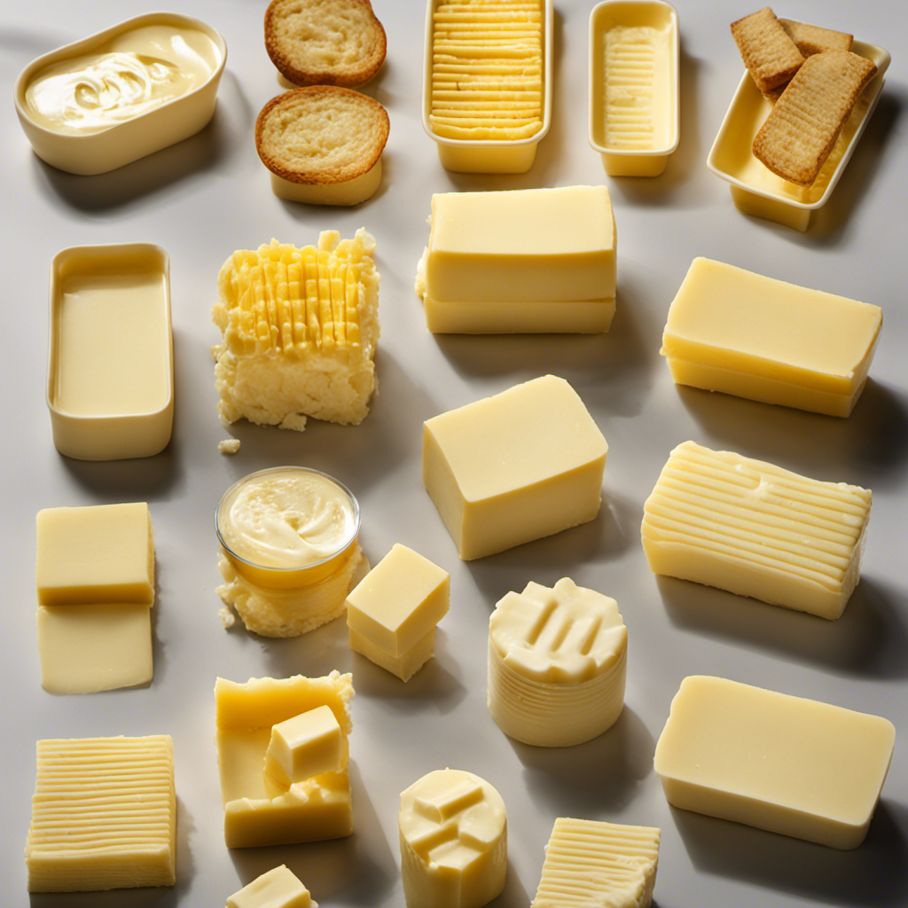 An image showcasing a stick of butter cut into grams, cups, and sticks