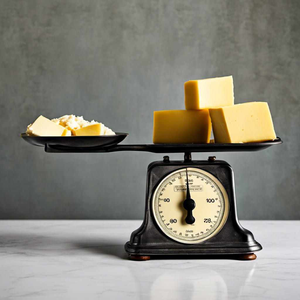 An image showcasing a vintage kitchen scale with a stick of butter on one side and the equivalent weight in grams on the other, highlighting the seamless conversion from grams to ounces