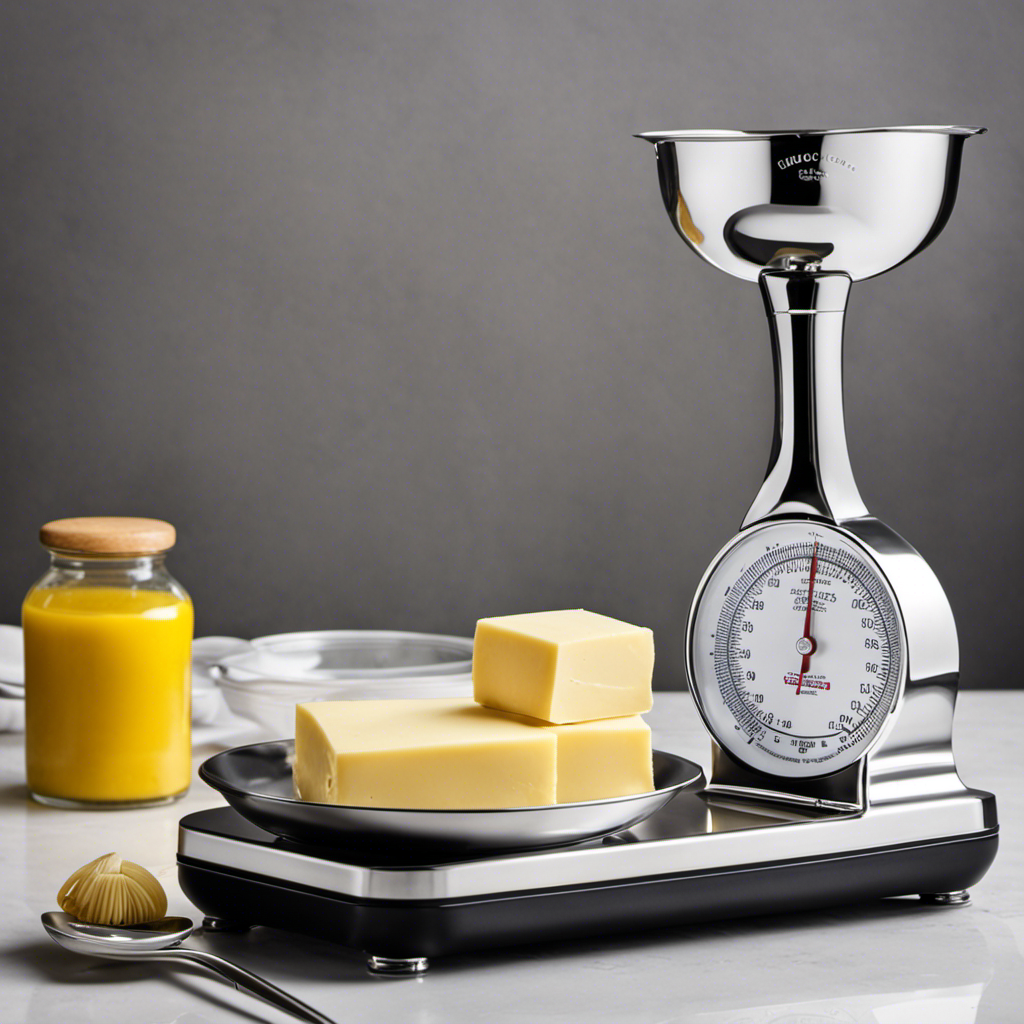 An image showcasing a kitchen scale with a stick of butter perfectly placed on it, surrounded by measuring spoons and a ruler