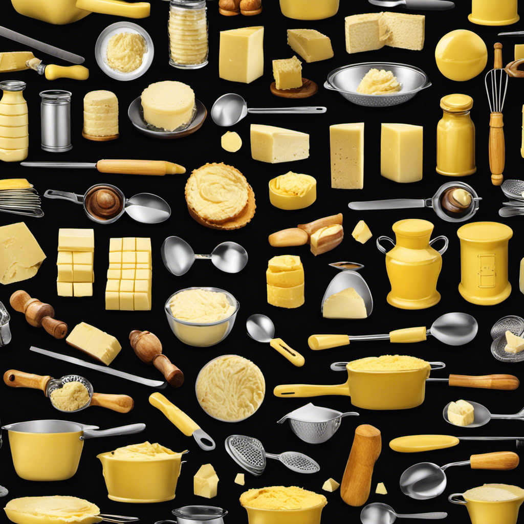 An image showcasing various measuring utensils filled with butter, each representing the equivalent weight of a "stick of butter" in different countries