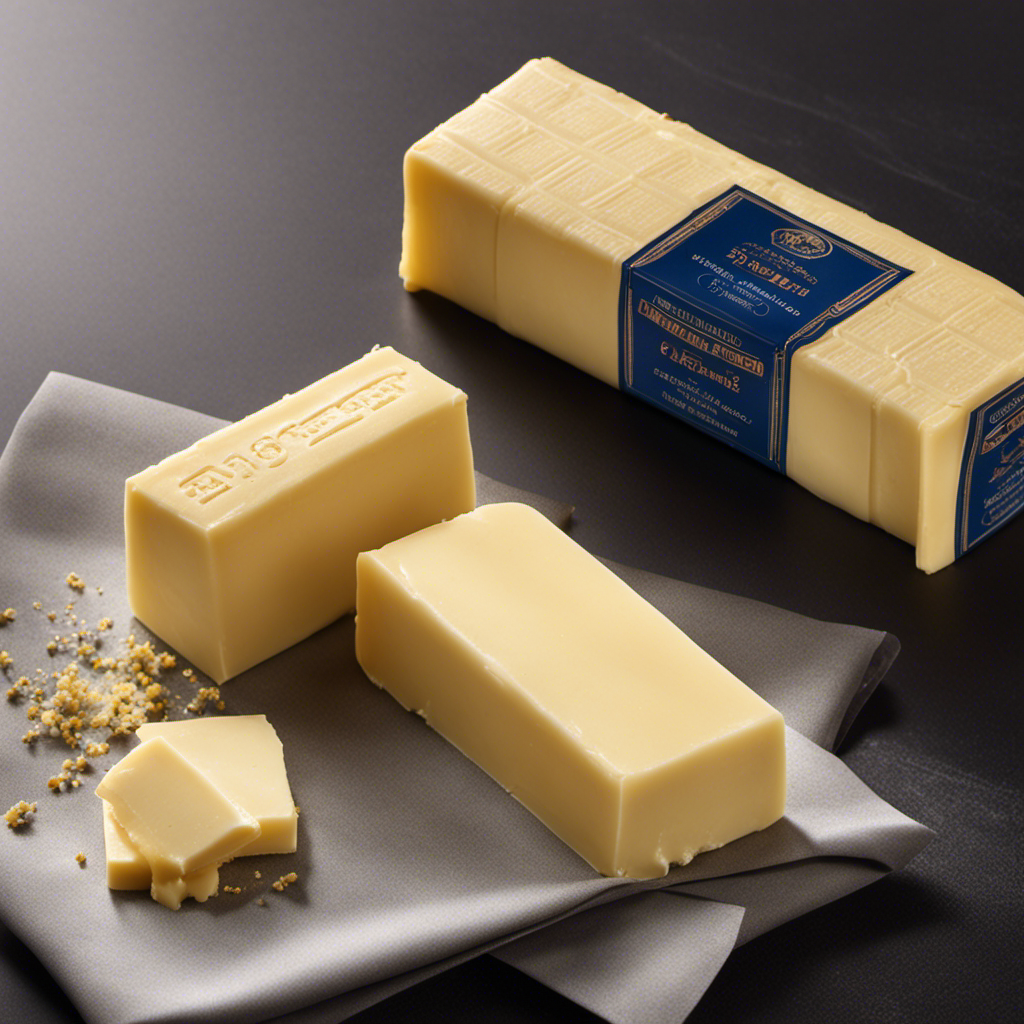 An image showcasing a standard stick of butter, measuring 4 inches long and 1 inch wide, wrapped in its iconic rectangular packaging, emphasizing its weight of 113