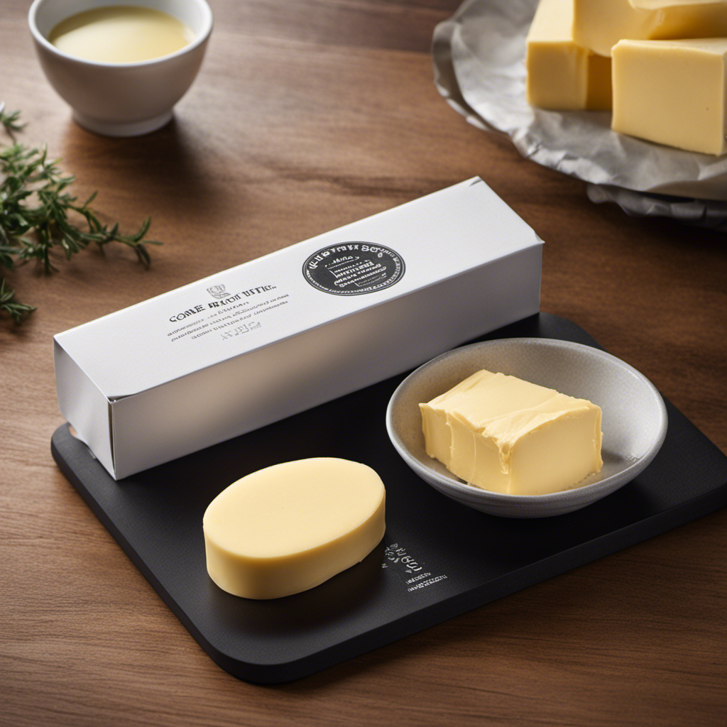 An image showcasing a stick of butter, wrapped in its iconic paper packaging, alongside a digital scale displaying the precise conversion of grams