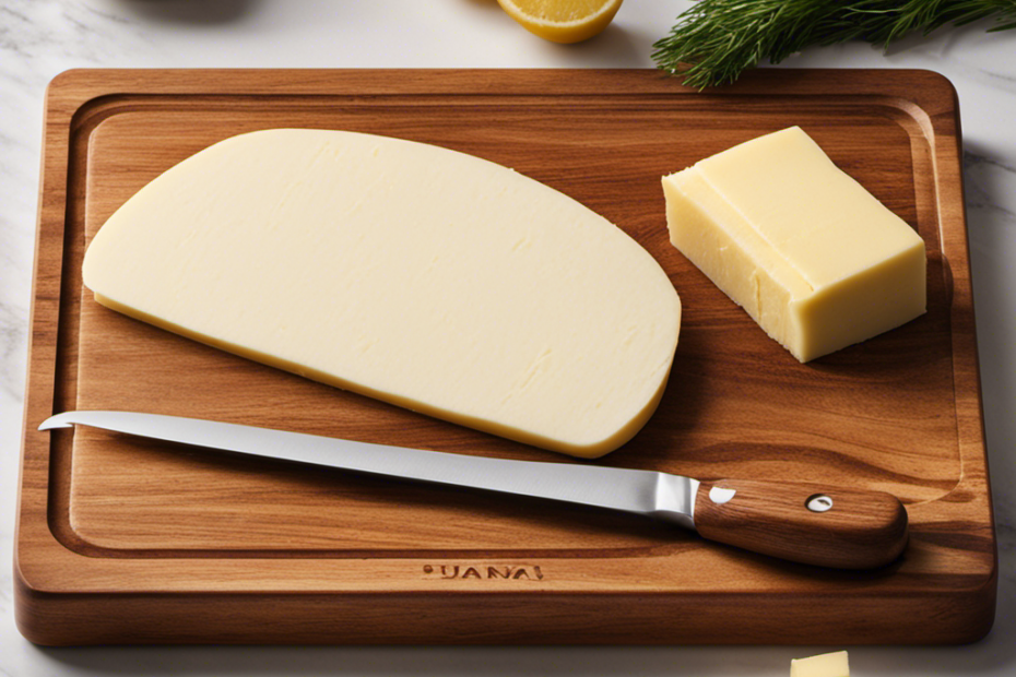 An image showcasing a wooden cutting board with a pat of creamy butter, perfectly sliced off a stick, alongside a precision scale displaying the exact grams of this culinary staple