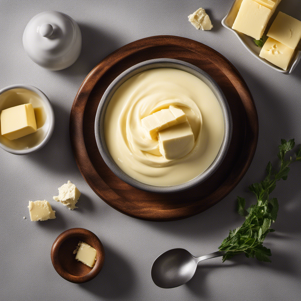 An image showcasing a pristine white tablespoon next to a mound of creamy butter, perfectly filling it to the brim, with a digital scale displaying the precise weight in grams