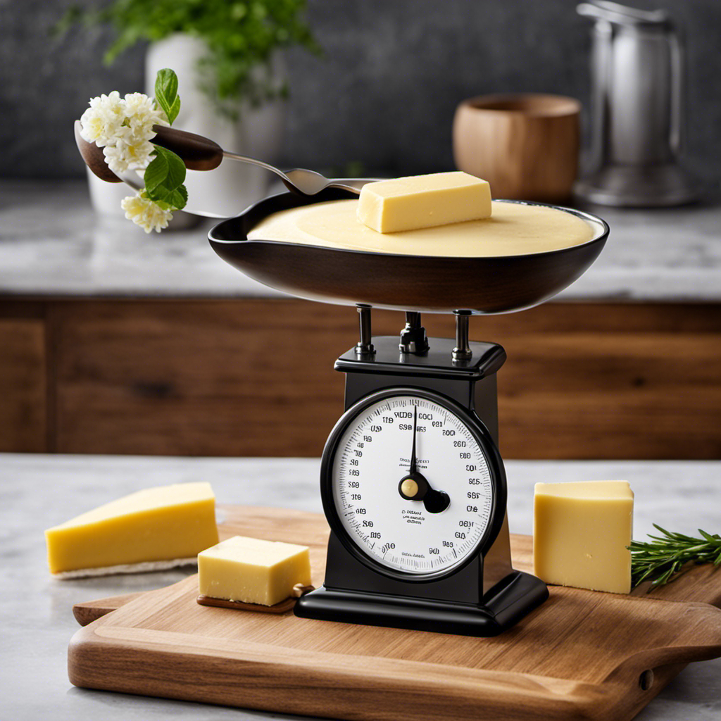 An image of a wooden kitchen scale with a tablespoon of butter perfectly balanced on one side, while the other side is loaded with grams, displaying the precise conversion of a tablespoon of butter
