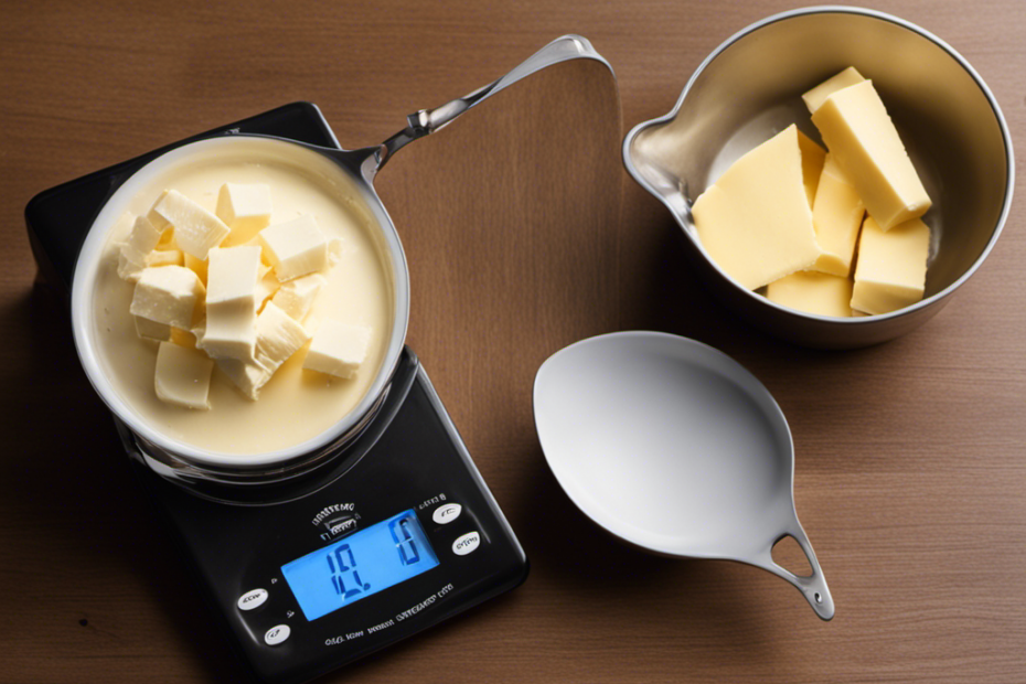 An image displaying a measuring cup half-filled with creamy butter, alongside a digital scale showing the weight of precisely 113