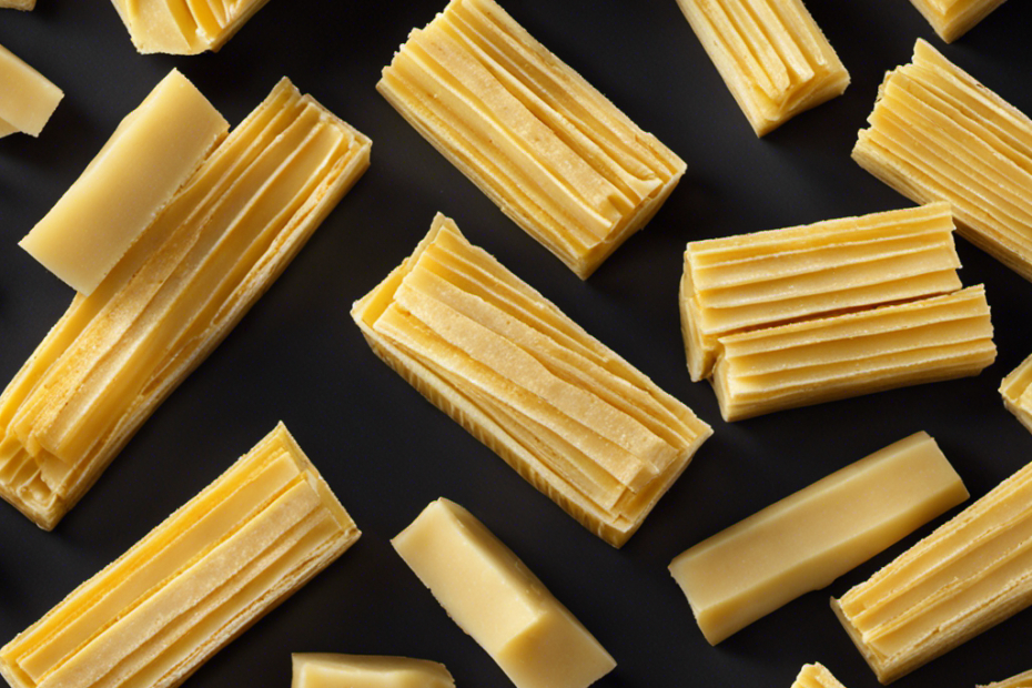 An image featuring a stack of four golden butter sticks, each precisely sliced into eight equally-sized rectangular portions, showcasing a total of 32 uniform grams