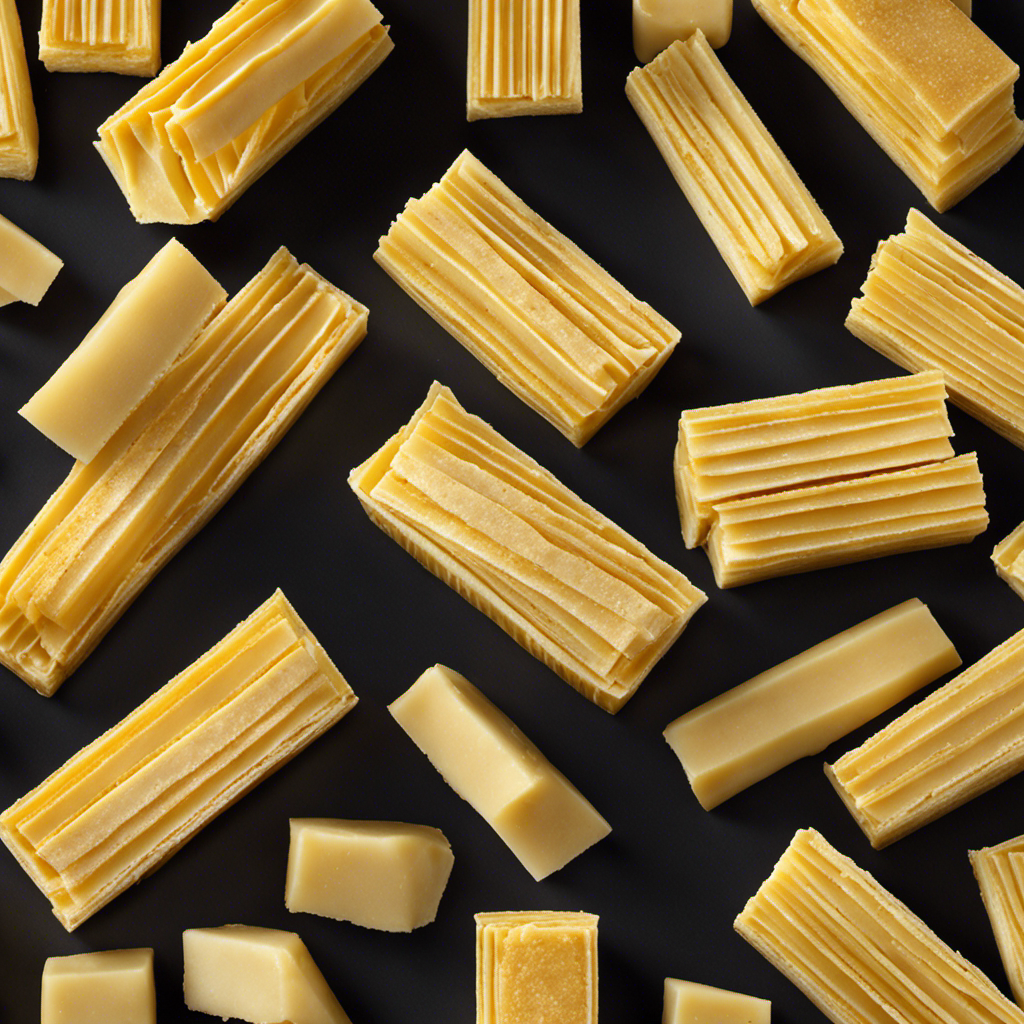 An image featuring a stack of four golden butter sticks, each precisely sliced into eight equally-sized rectangular portions, showcasing a total of 32 uniform grams