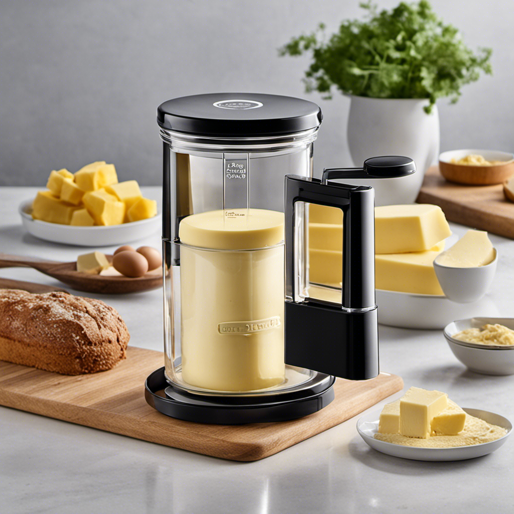 An image showcasing the Easy Butter Maker, displaying its sleek design and transparent glass jar filled with freshly-made butter